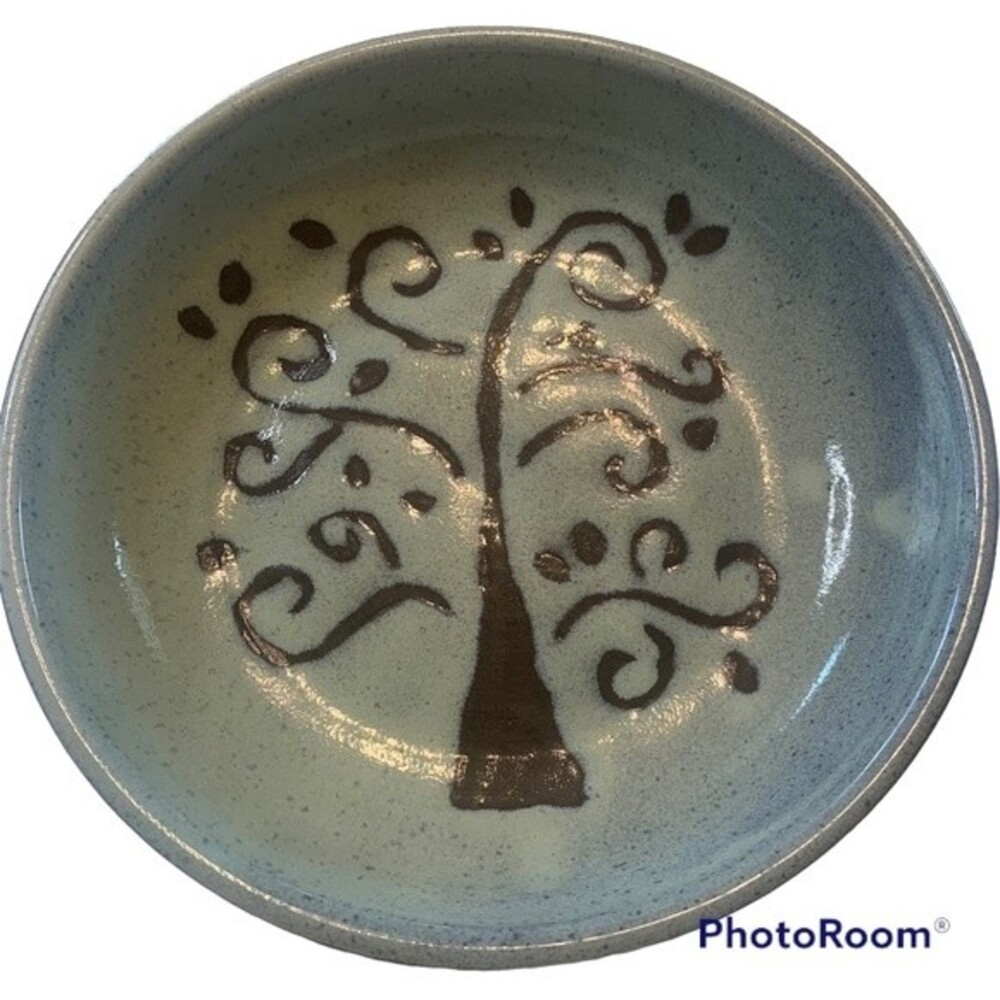 Pottery Serving Bowl - Tree of Life Approx 10", Pale Blue/Brown